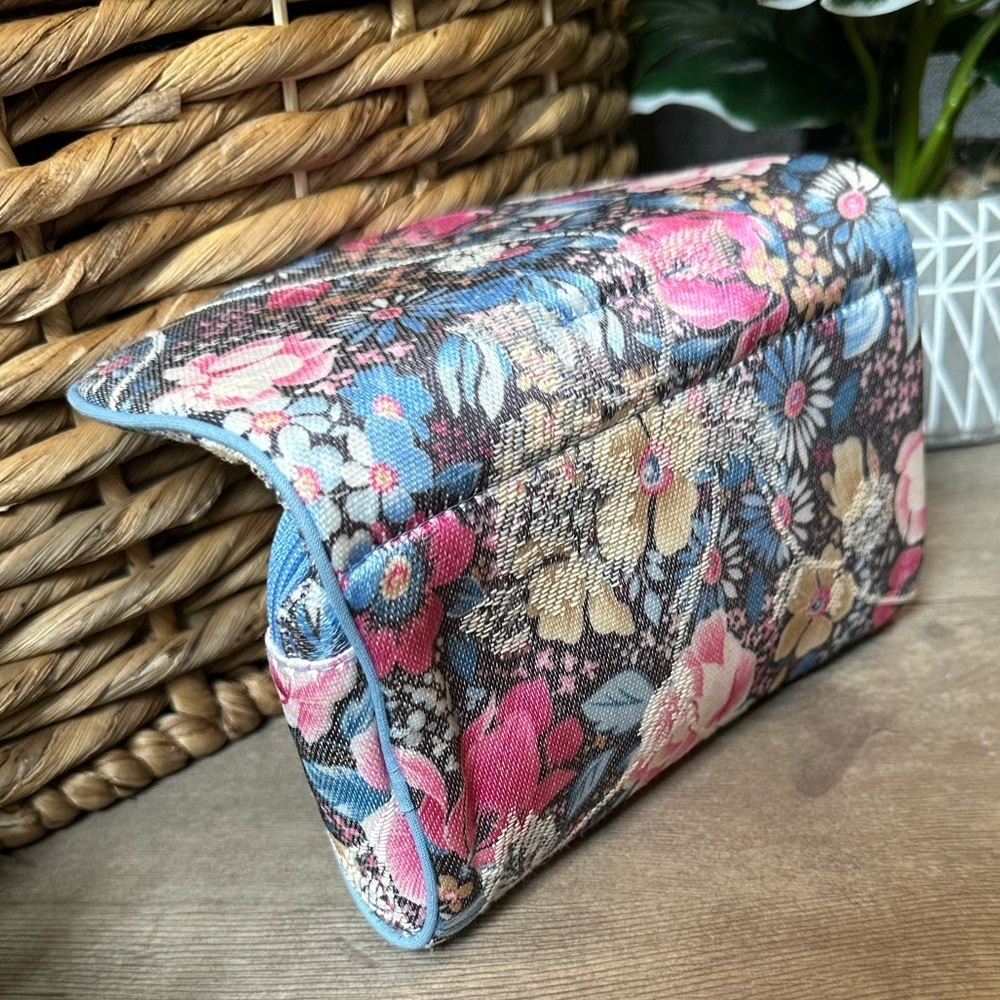 New Vintage 80s Women’s Floral Zip Cosmetic Purse Bag With Attached Mirror